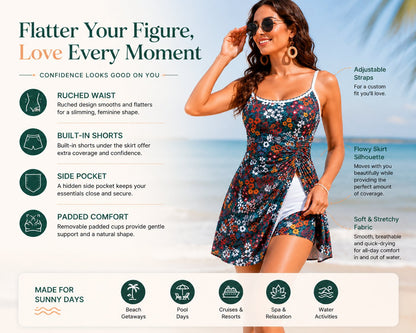 Women's Floral Print Tummy Control Swimdress – One Piece Bathing Suit with Pockets & Whip Stitch Detail