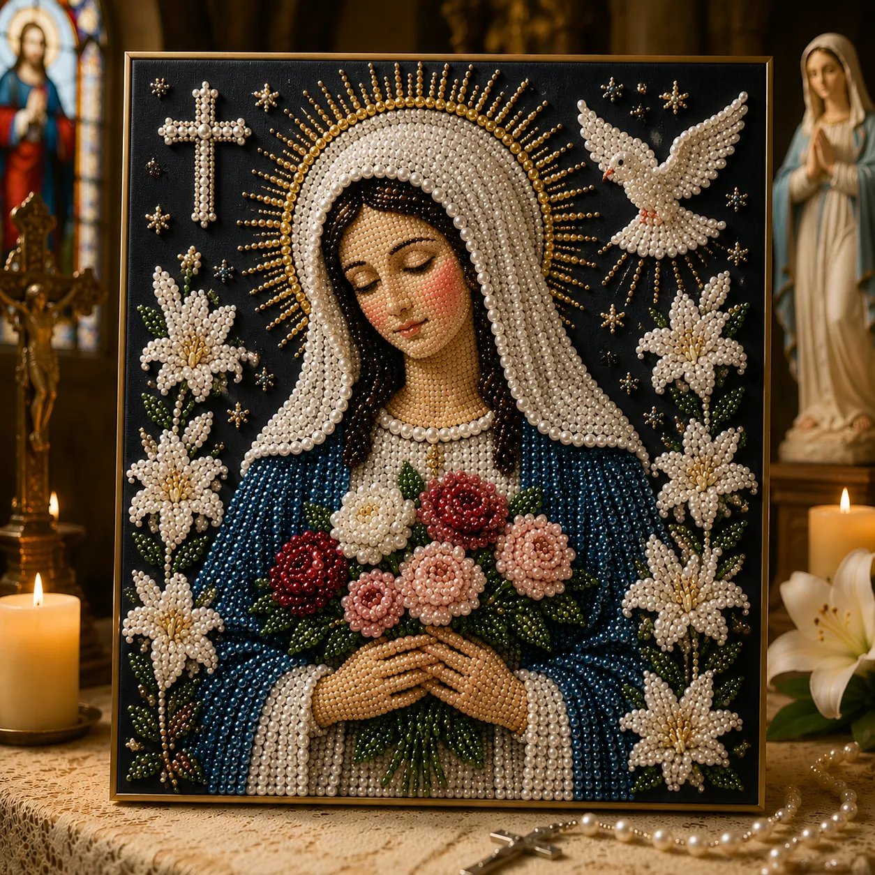 🙏 Divine Pearl Bead Virgin Mary Icon – A Peaceful DIY Faith Art Gift ✨