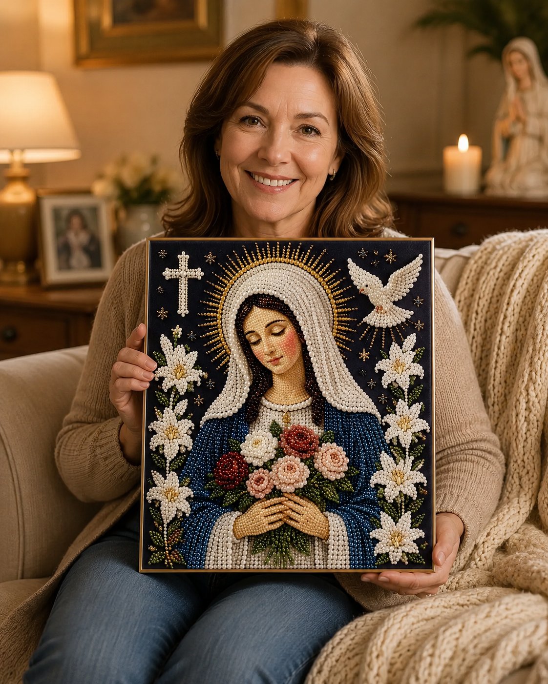 🙏 Divine Pearl Bead Virgin Mary Icon – A Peaceful DIY Faith Art Gift ✨